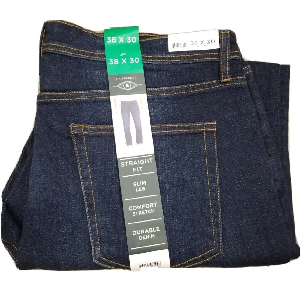 G.H. Bass & Co Men' Denim Jeans 38 X 30 Straight Fit Slim Stretch Dark Wash